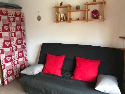 eine schwarze Couch mit roten Kissen in einem Zimmer in der Unterkunft STUDIO MONTAGNE 4 PERSONNES LE SEIGNUS BAS in Allos