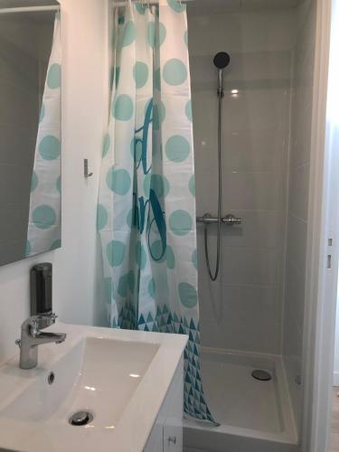 une salle de bain avec une douche et un lavabo et une douche dans l'établissement La Cabane centre la Brèche wifi calme linge de pressing, à Niort
