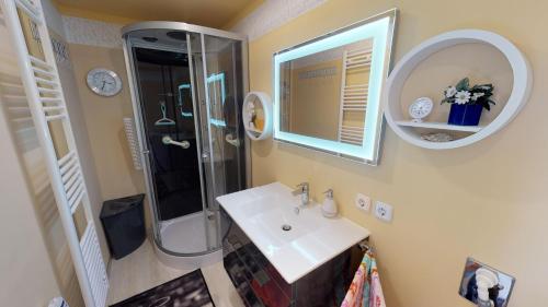 a bathroom with a sink and a shower and a mirror at Ferienwohnung Wild in Klingenthal