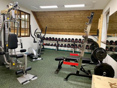 a fitness room with a gym with tread machines at Holzberg in Suchá Rudná