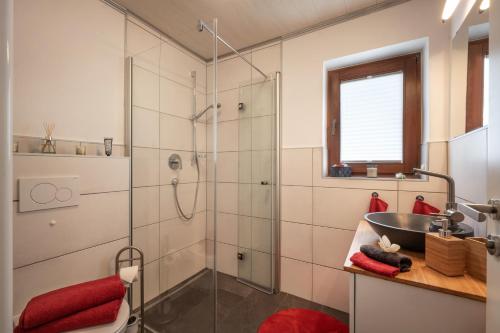 a bathroom with a shower with a sink and a tub at Salven-Lodge in Hopfgarten im Brixental