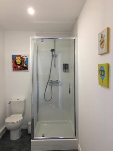 une cabine de douche dans une salle de bain avec toilettes dans l'établissement Le Marvel centre la Brèche wifi vue jardin, à Niort