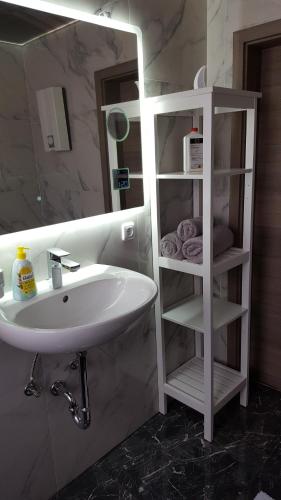 a bathroom with a white sink and a mirror at Unterkunft A.Lambrecht in Oberhausen