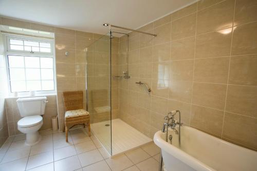 a bathroom with a shower and a toilet and a tub at Kilmeny in Ballygrant