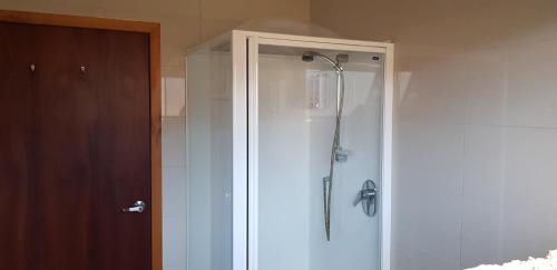 a shower in a bathroom next to a door at Mahana Farm Cottage in Mahana