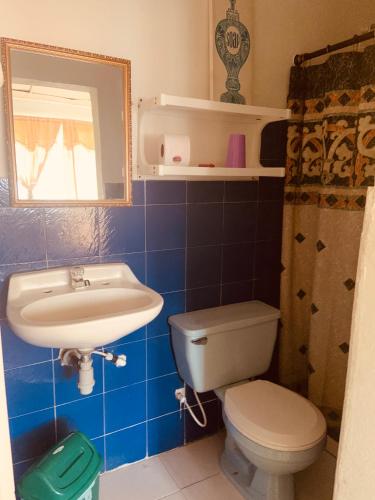 a bathroom with a toilet and a sink and a mirror at Posada Nativa Trinsan Centro in San Andrés