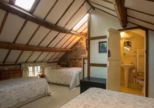 a bedroom with two beds in a attic at Dolgenau Cottages in Trefeglwys