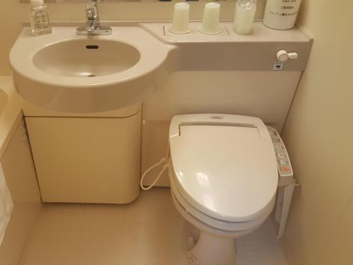 a small bathroom with a toilet and a sink at Hotel Hokke Club Shonan Fujisawa in Fujisawa