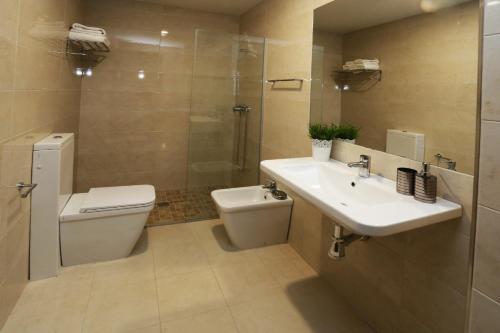 a bathroom with a toilet and a sink and a shower at Apartamento Puente Romano Portal 4 1-B in Salamanca