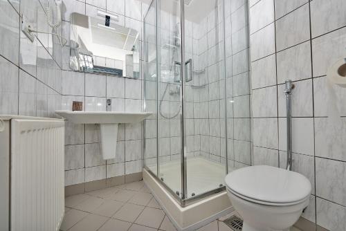 a bathroom with a toilet and a shower and a sink at Riviera by Queens Hotel and Resort in Gura Văii