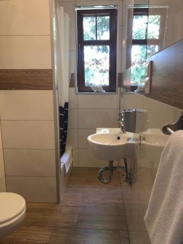 a bathroom with a sink and a toilet and a window at Villa Papaj in Międzyzdroje