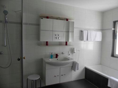 a white bathroom with a sink and a shower at FeWo Zum Kuhturm in Günzburg