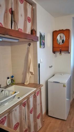 une cuisine avec un évier et une machine à laver dans l'établissement La grange de Lina, à Grignon