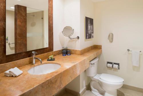 a bathroom with a sink and a toilet at Hotel Ex-Hacienda San Xavier in Guanajuato