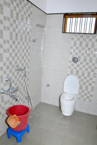 a bathroom with a toilet and a red bucket at Dream Hampi Villa & Home Stay in Hampi