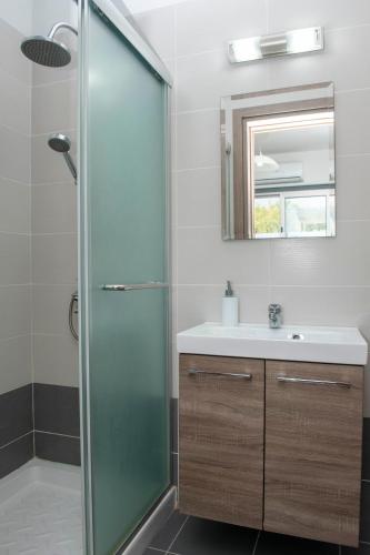 a bathroom with a glass shower and a sink at Paradise Blue Villa in Pomos