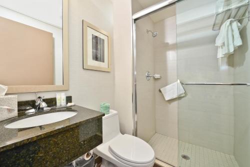 a bathroom with a toilet and a sink and a shower at Comfort Inn Manhattan - Midtown West in New York