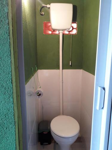 a small bathroom with a toilet and a shower at Hospedagem ocean view ilha g in Abraão