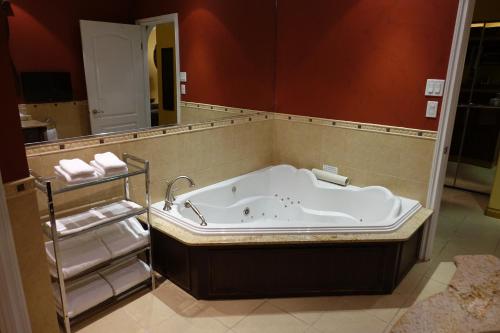 a bath tub in a bathroom with a large mirror at Chateau Louis Hotel & Conference Centre in Edmonton