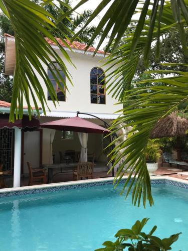 a swimming pool in front of a house at Rayon Hotel in Negril