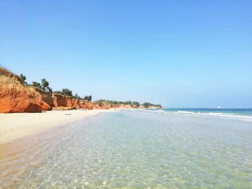 an empty beach with rocks in the water at villa Beatrice in Serranova