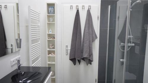 a bathroom with a shower and a black sink at Ferienwohnung Tulpenweg in Bad Zwischenahn