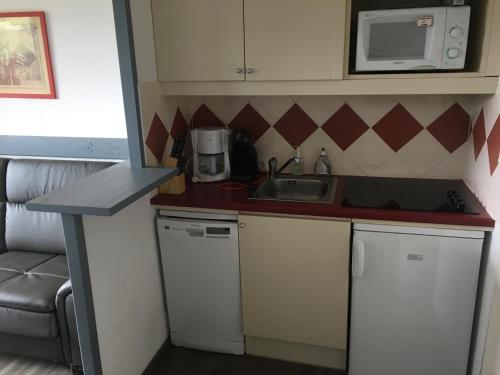 une petite cuisine avec un évier et un micro-ondes dans l'établissement Appartement 5 pers Résidence Les Mélèzes quartier les Bergers Alpe d Huez, à L'Alpe-d'Huez