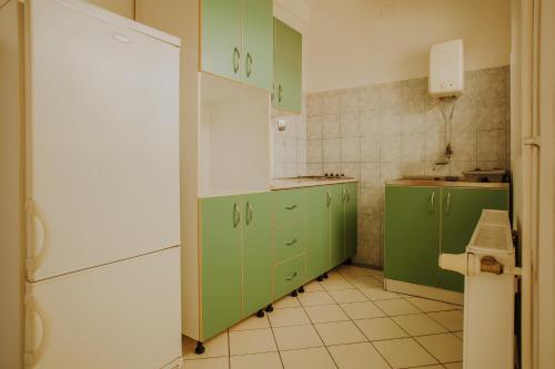 a green and white kitchen with green cabinets at Noćko-Sobe i apartmani in Vukovar