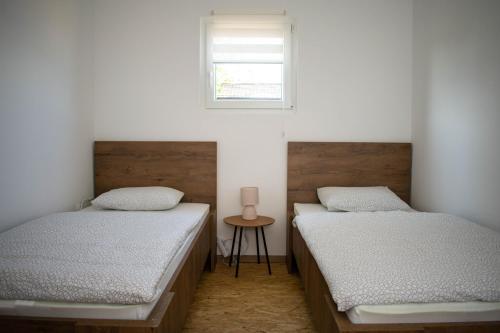 two twin beds in a room with a window at OPG Dokić in Kopačevo