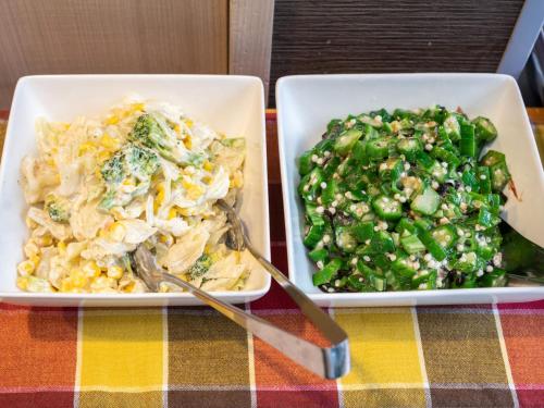 two plates of food with vegetables and a salad at Super Hotel Fuji Inter in Fuji