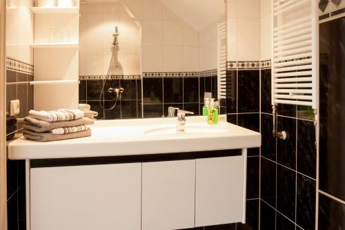 y baño con lavabo blanco y espejo. en Apud nos Domi, en Polsbroek