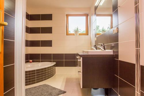 uma casa de banho com um lavatório e uma banheira em Rodinný apartmán Rodvínov em Rodvínov