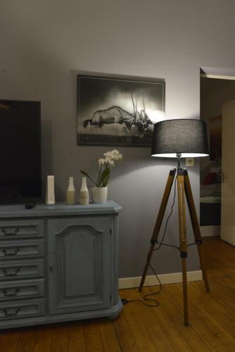 a lamp in a living room with a television and a table at Kaiserliche Hofpost, mit Whirlpool und 2 Terrassen in Schleiden