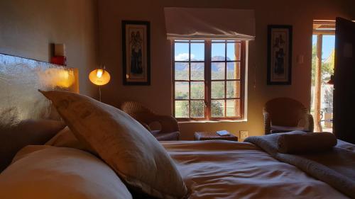 ein Schlafzimmer mit einem Bett mit Kissen und einem Fenster in der Unterkunft Thabile Lodge in Oudtshoorn