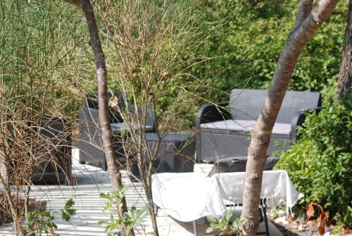 a picnic table and chairs in a garden with trees at VILLA TERRE NEUVE in Signes