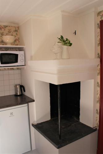 a kitchen with a fireplace with a plant on it at STF Hostel Vilhelmina Kyrkstad in Vilhelmina