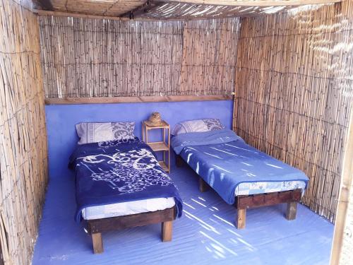 two beds in a small room with blue walls at AliBaba Apartment Hostel Bamboo Rooftop Room in Chefchaouen