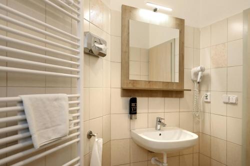 a white bathroom with a sink and a mirror at Pension U Tří sedláků in České Budějovice