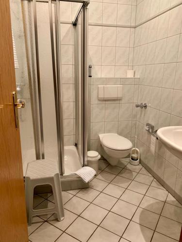 a bathroom with a shower and a toilet and a sink at Gasthaus Beinker in Ostercappeln