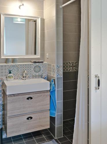 a bathroom with a sink and a mirror and a shower at B&B d'n Uilenhof Haren in Haren