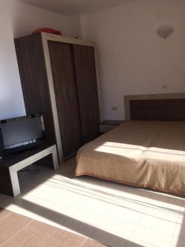 Un dormitorio con una cama y un televisor sobre una mesa. en Apartment on the sea at St Nikolas Complex-Ira, en Chernomorets