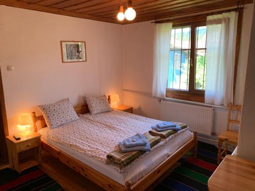 a bedroom with a bed and a window at Borimechkova Kashta in Koprivshtitsa