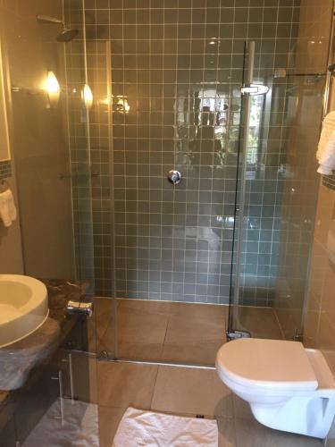 a bathroom with a shower with a toilet and a sink at Waterfront Stays in Cape Town