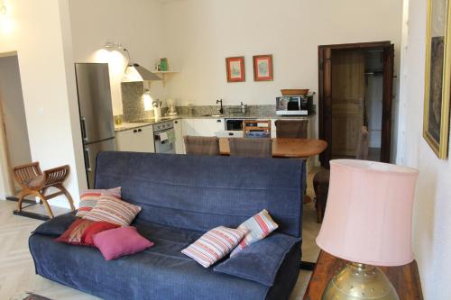 un salon avec un canapé bleu et une cuisine dans l'établissement La Terrasse, à Reynès
