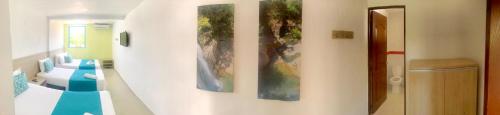 a hallway with three paintings on a wall at Hotel Aldea Plaza in Doradal