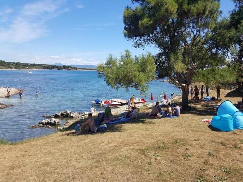 a group of people sitting on a beach near the water at Apartment Stanko in Ližnjan