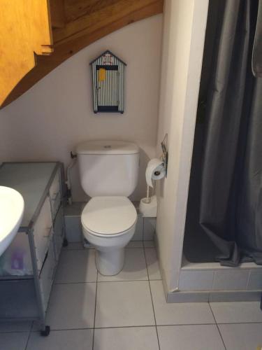 une petite salle de bain avec toilettes et lavabo dans l'établissement Petit havre de paix Face à la mer, à Lancieux