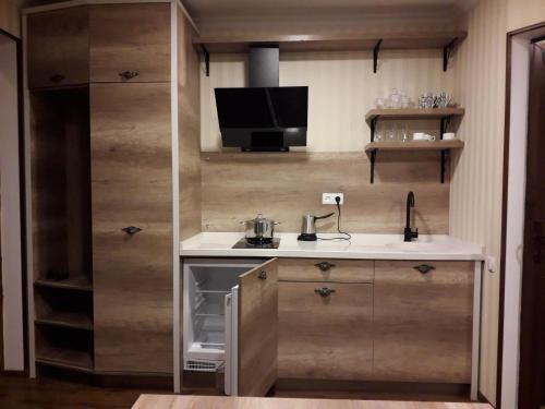 a small kitchen with a sink and a tv at Apartment borjomi, Erekle street, 21A in Borjomi
