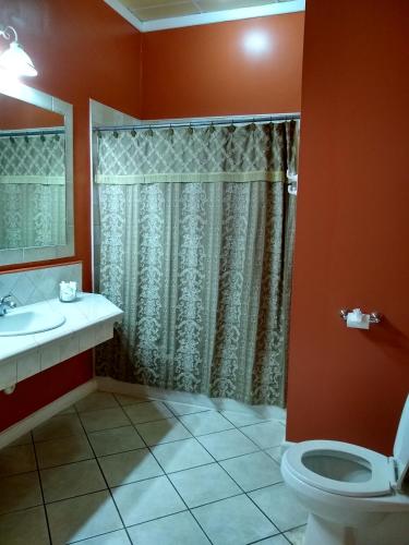 a bathroom with a toilet and a sink and a shower at The Great House Inn in Belize City