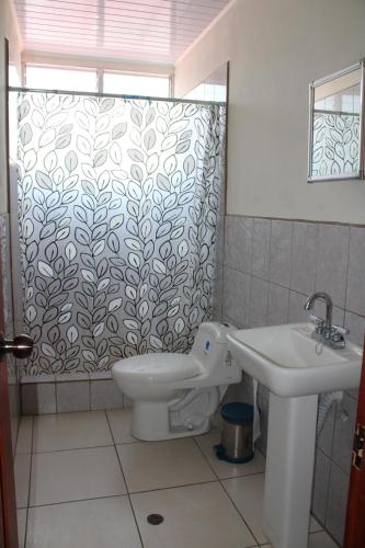 a bathroom with a sink and a toilet and a shower curtain at Hostal Libertad in Masaya